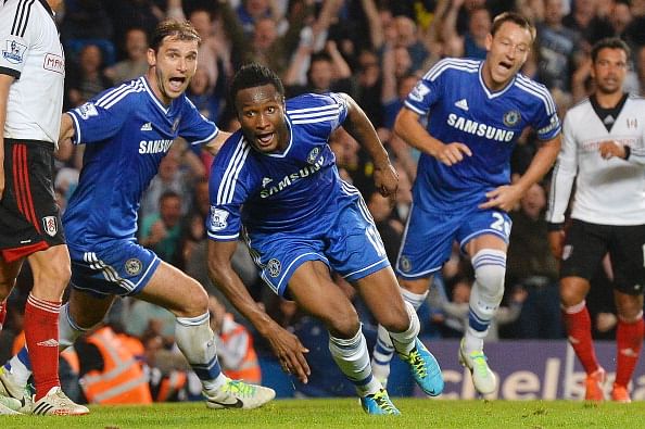 Chelsea's Nigerian midfielder John Mikel Obi (C) celebrates scoring his team's second goal during the English Premier League football match between Chelsea and Fulham at Stamford Bridge